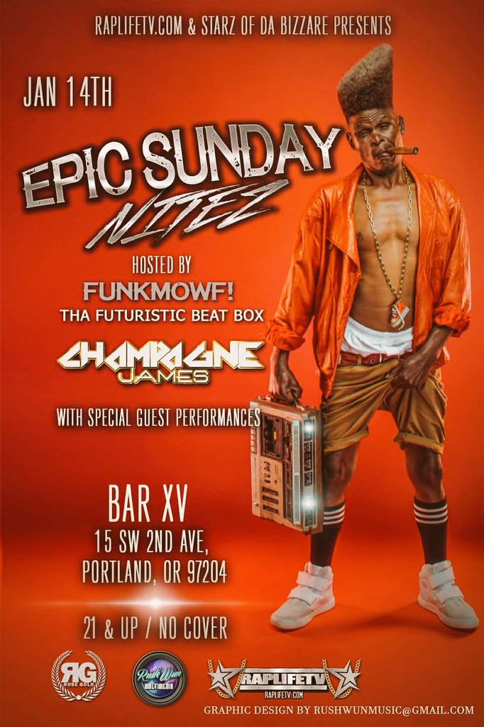 Come celebrate the new year &amp; hear some dope dope beat boxing on a epic sunday evening with Starz Of Da Bizzare☆☆☆☆☆☆☆ &amp; guest....hosted by Funkmowf! The Futuristic Beat Box!!!! &amp; Champagne James...ahhhhh yea! ITZ GONE B LIT!!!!