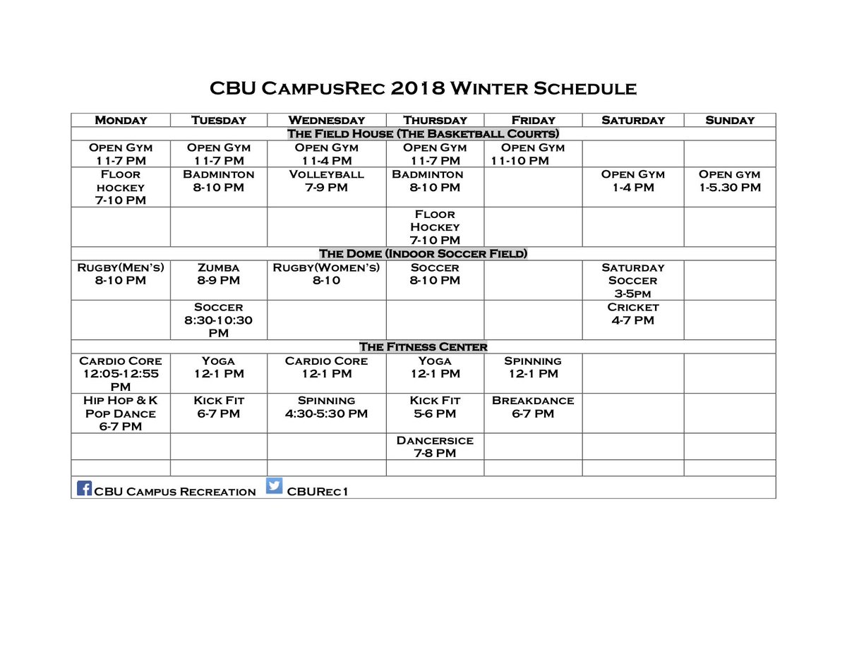 CBU_REC's tweet photo. Check out our 2018 Campus Rec Programming Schedule. Start Date: January 3rd
@CBUOrangeArmy @CBUStudent_Life @cbuniversity @CBUS https://t.co/f3e8vAk4Pt