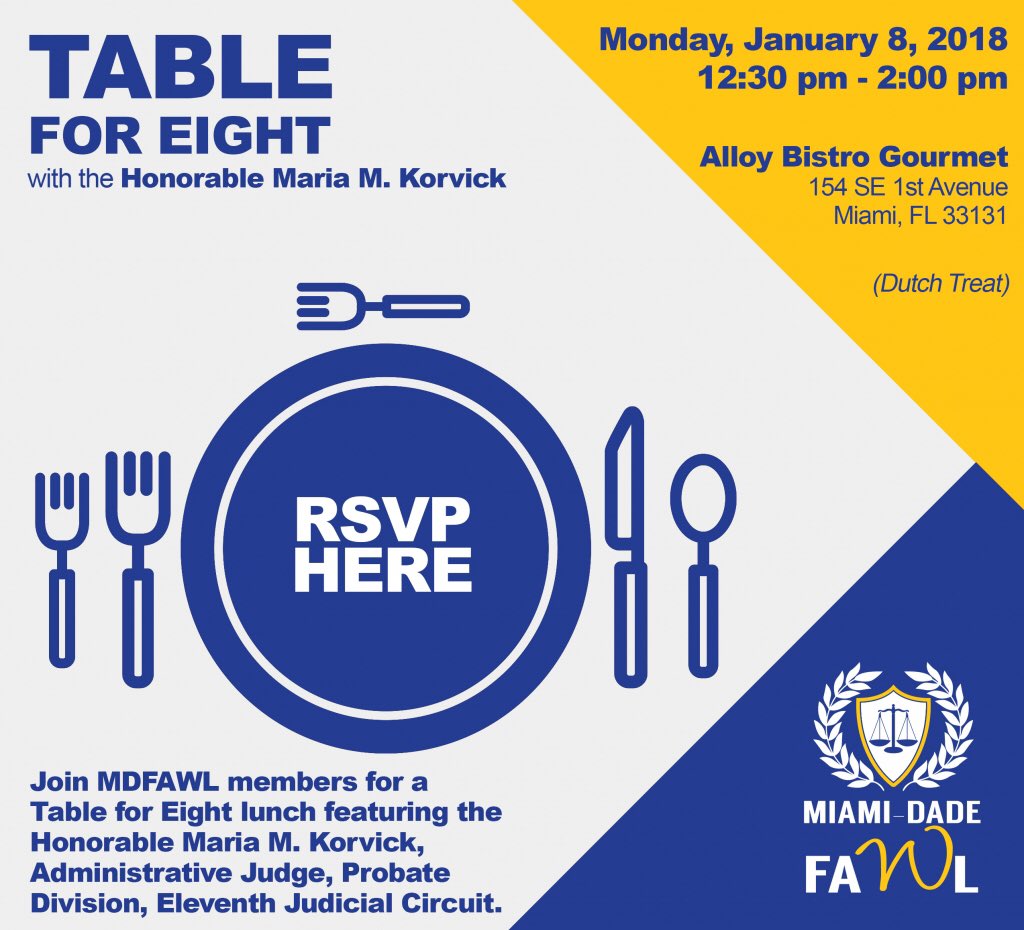 MDFAWL's tweet photo. RSVP today & join us at our #Tablefor8 lunch with Honorable Maria Korvick on Monday 1/8/2018 from 12:30PM to 2:00PM @alloy_bistro! #MDFAWL https://t.co/SnJ8I5Oy0F