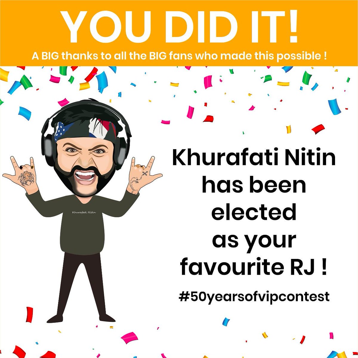 khurafatinitin's tweet photo. Thank you all! Keep spreading the love!
#50yearsofVIP #contest #50yearsofVIPcontest #RJ #bigfm #khurafatinitin #bigthanks #bigfm #VIP #favourite https://t.co/5SrE69LwqL