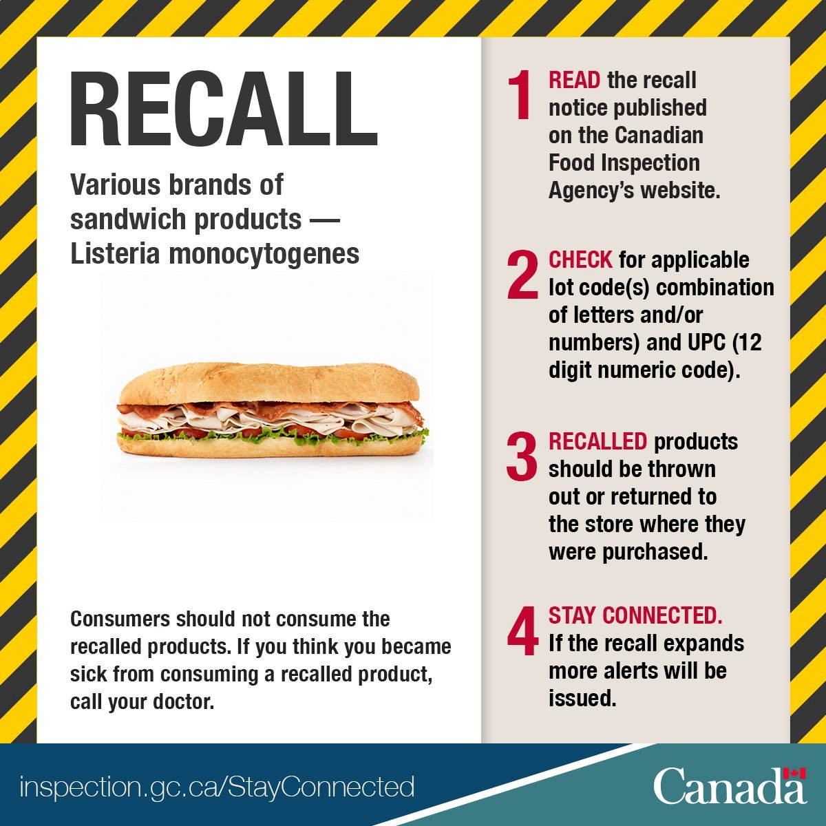 CFIA recalls pre-made sandwiches due to Listeria contamination: bit.ly/2Cm98I2 https://t.co/jCfQs2zflA