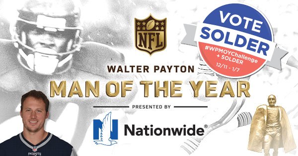 joeandruzzifndn's tweet photo. 9 days left to vote @SolderNate for the Walter Payton Man of the Year Award! It's easy...

1) Retweet this
2) Reply to this with "#WPMOYChallenge+ Solder"
3) Be proud that you just voted TWICE for @Patriots Tackle @SolderNate to win the @NFL's Walter Payton Man of the Year Award! https://t.co/SoZyAHAxzL