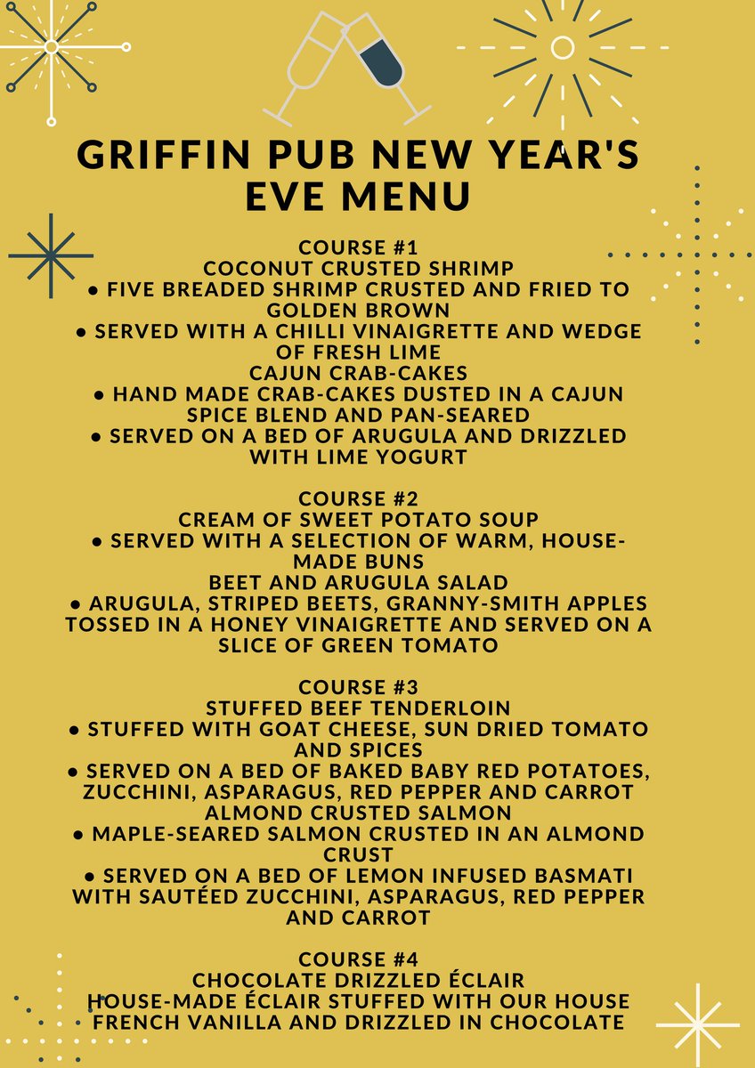 Here we have it, our #NYE18 menu is here for your review-
Serving 5pm-10pm with no reservations required Dec 31 only!
Choose from 1 of 2 options for each course and the cost of this delicious menu is only $50.
We look forward to ringing in 2018 with you!
#Muskoka #CottageCountry