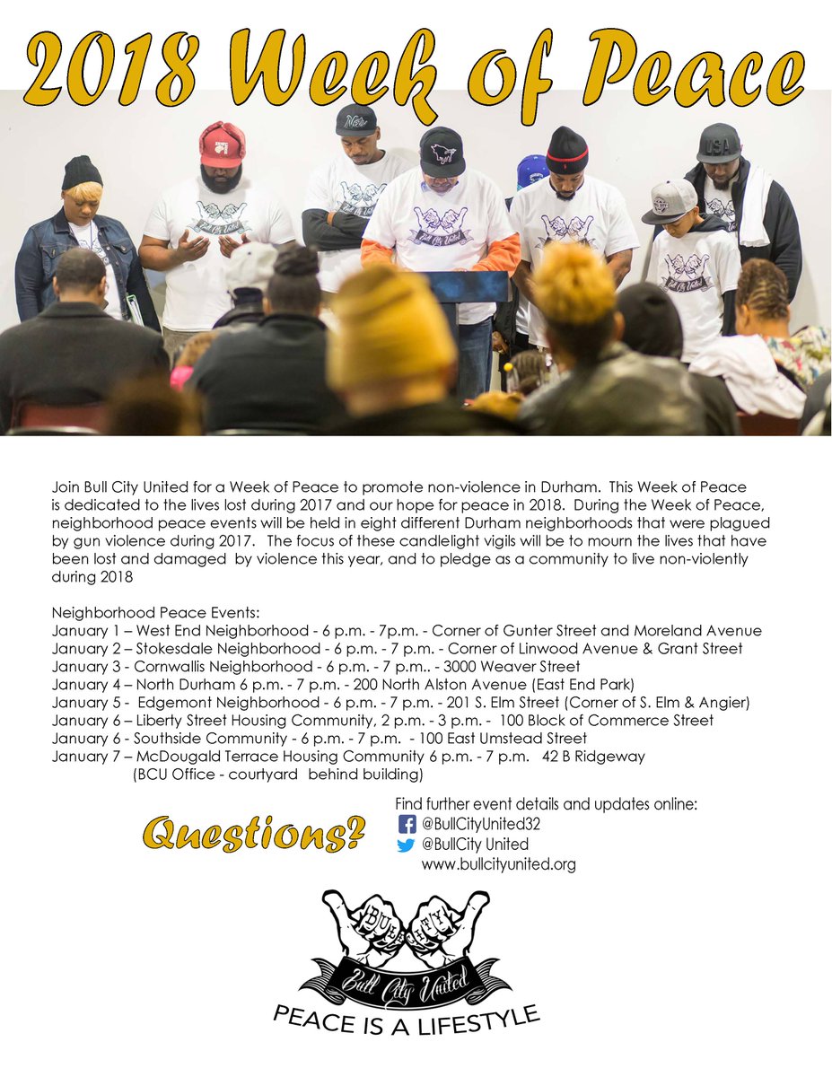 DurhamHealthNC's tweet photo. Some dates and locations have changed for the #BullCityUnited 2nd Annual Week of Peace on January 1-7. See flyer for more details. #Durham #DurhamNC #WeekofPeace #Peace #HealthyDurham https://t.co/T4hderH90g https://t.co/qsNsl9jmGJ