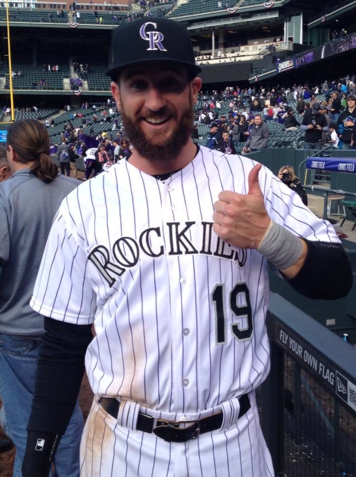 Rockies's tweet photo. Charlie Blackmon emphatically introduced himself to baseball world with a 6-for-6 performance on #OpeningDay 2014 at Coors Field.

After the game, we asked him for a quick photo on the field, and this vintage @Chuck_Nazty pose is what we got. 👍

#RockiesSmartphoneHistory https://t.co/NvJG1bwvs3