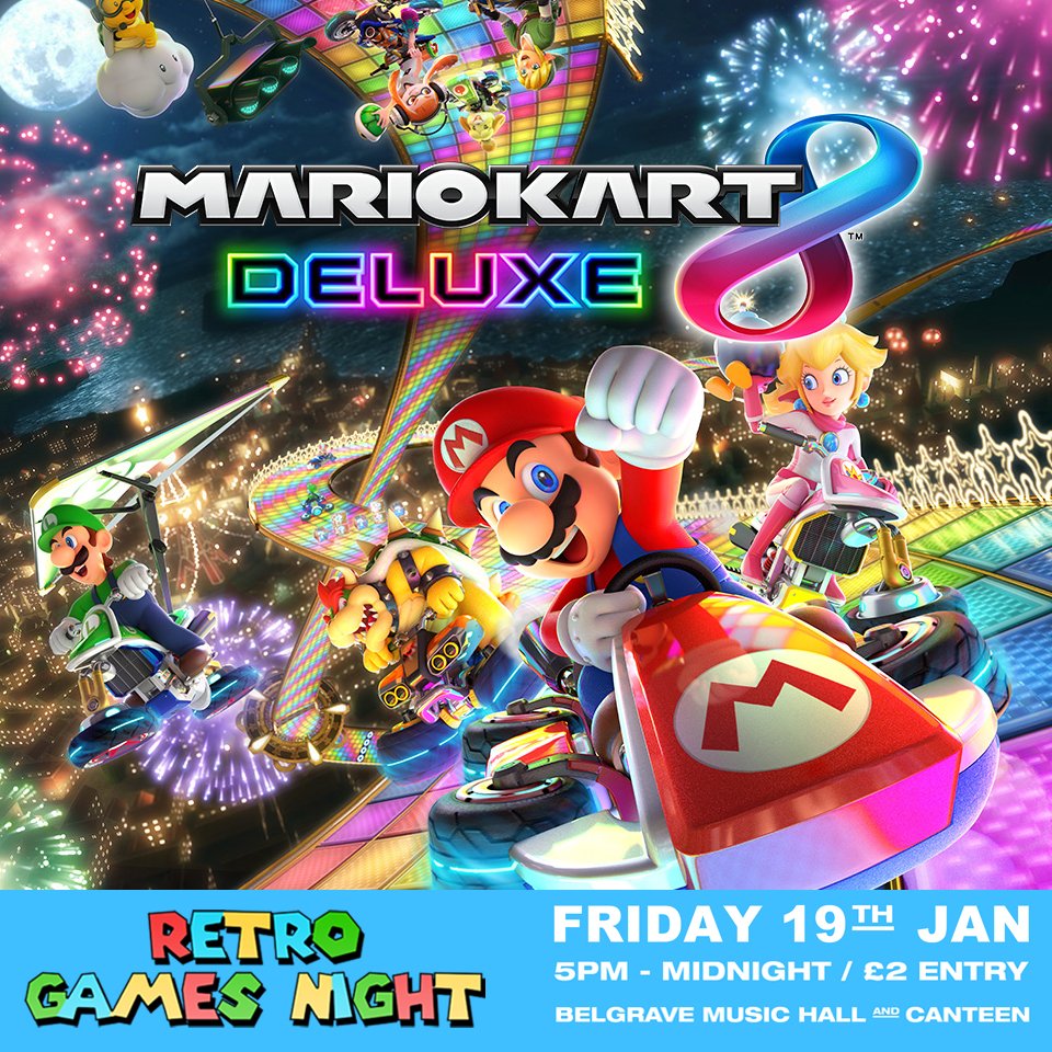 RetEvents's tweet photo. Mariokart 8 Deluxe tournament confirmed for the Retro Games Night - Friday 19th January at the Belgrave Music Hall in Leeds.  Sign up on the night and prizes for the winner! #Switch https://t.co/mxSHHI2ZSN