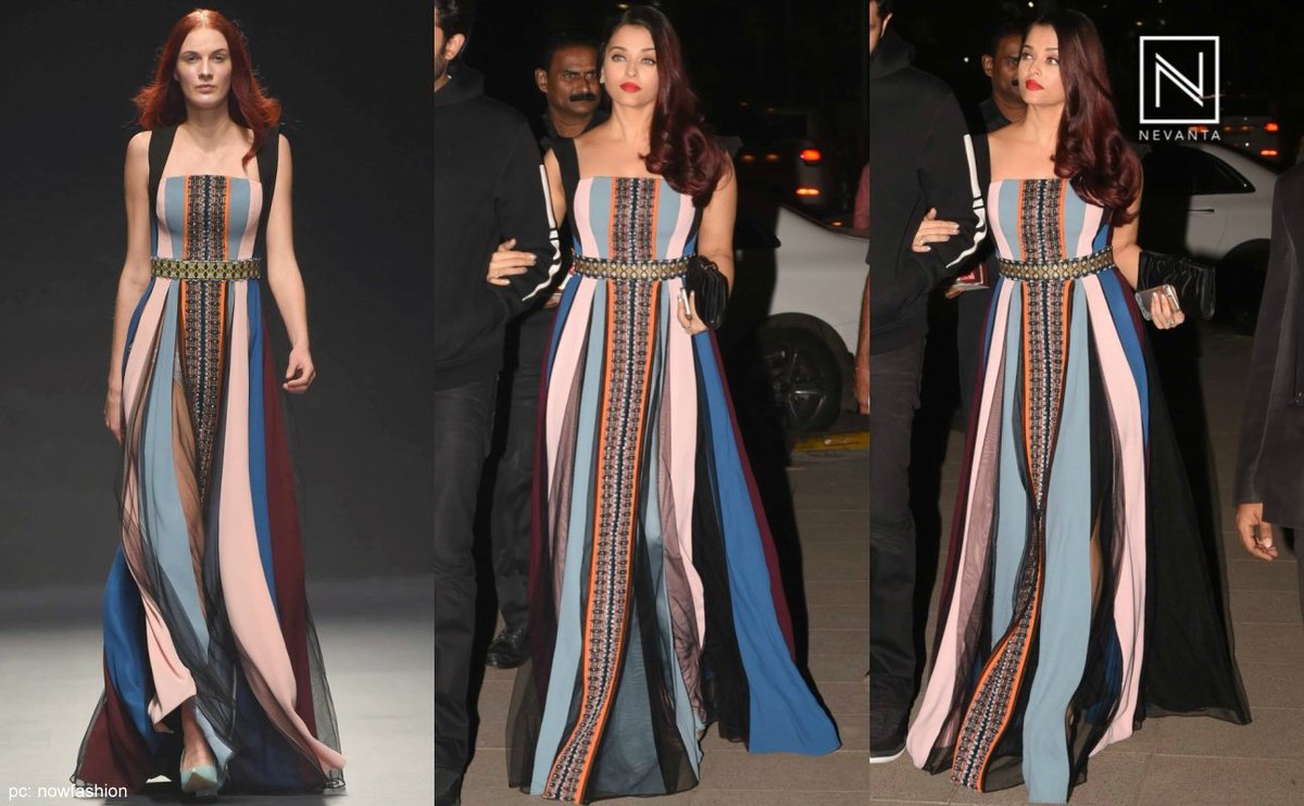 NevantaMedia's tweet photo. #RamptoReality: #AishwaryaRaiBachchan wore a striped maxi gown from @HusseinBazaza's Spring/Summer 2018 collection to a dinner date. #AishwaryaRai #Bollywood https://t.co/a3va6527J8