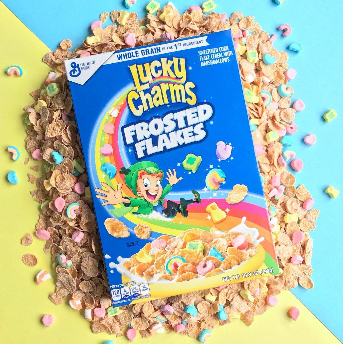 LuckyCharms's tweet photo. The original marshmallow cereal. Now rockin’ the frosted flakes. Welcome to the family Lucky Charms Frosted Flakes! #magicallydelicious #frostedflakes https://t.co/mqEbZ4p4m5