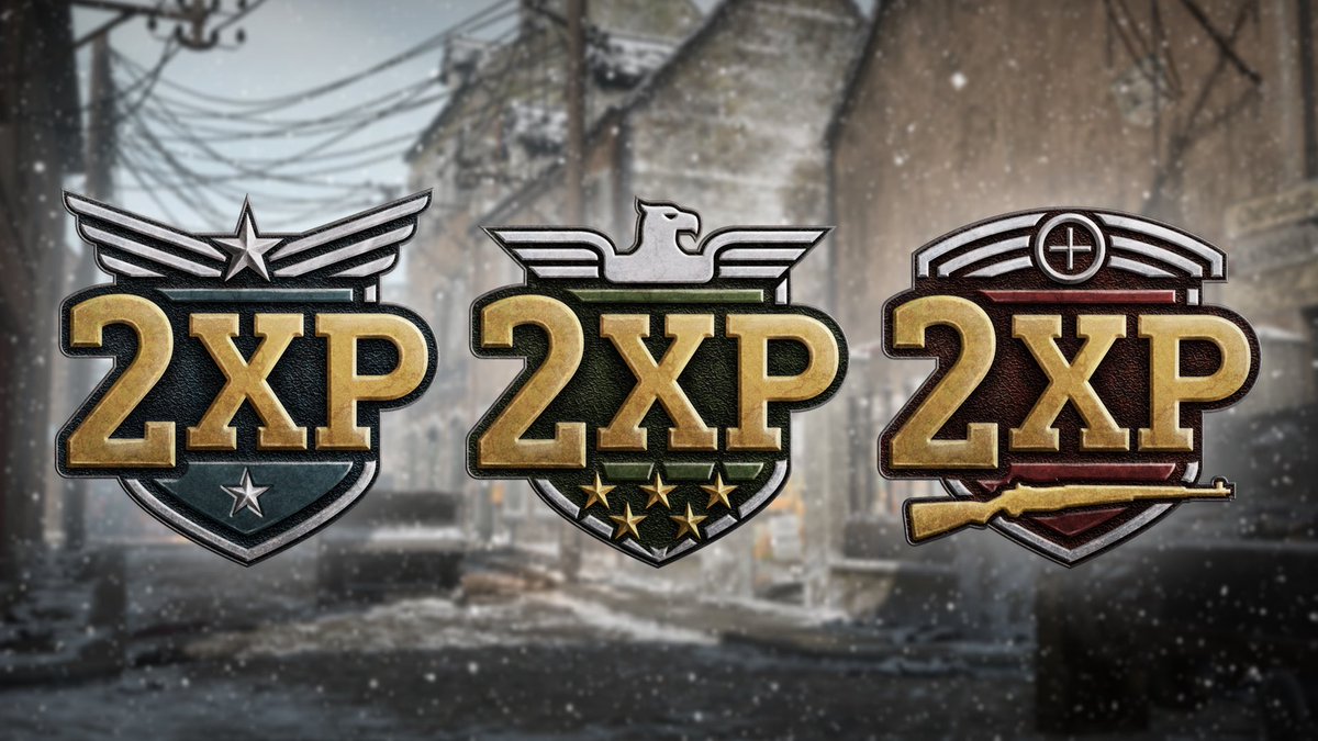 #CODWWII PLAYLIST UPDATE 12/29:
 
2XP, 2X Division XP, and 2X Weapon XP now live on: 

- Wintery Gun Game
- Winter Carentan Standard Moshpit 
- Winter Carentan HC Moshpit 
 
Enjoy until January 2!