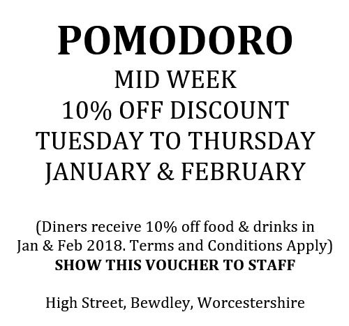 *** MID WEEK 10% OFF DISCOUNT - TUESDAY TO THURSDAY IN JANUARY &amp; FEBRUARY ***

(Diners receive 10% off food &amp; drinks in Jan &amp; Feb 2018. T&amp;Cs apply).
Show the attached voucher to staff to redeem.
#Bewdley #Restaurant #Bar