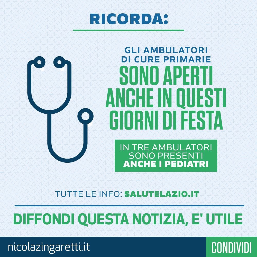 nzingaretti's tweet photo. RT per far sapere che i 29 poliambulatori aperti nel fine settimana sono a disposizione anche in questi giorni di festività. Un servizio in più per tutti, in alcune strutture trovi anche i pediatri per le bambine e i bambini. Info su: https://t.co/L5aFM3WrvO https://t.co/iSGcSdx52a
