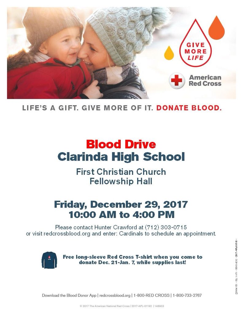 ClarindaStuCo's tweet photo. Senior Hunter Crawford is hosting today’s blood drive at the First Christian Church in Clarinda! There’s still plenty of room for walk-in appointments! https://t.co/FiBpGBr68N