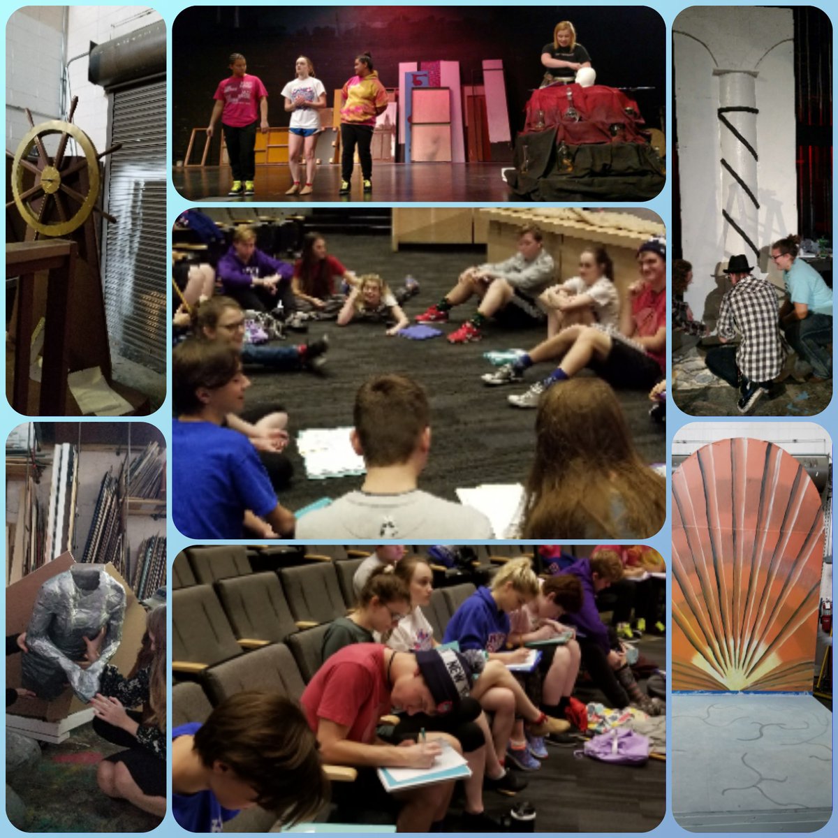 ONHSTheatre's tweet photo. WINTER BREAK REHEARSAL 6.1: character back stories, running scenes, decorative items on the columns, painting the throne room, mounting the wheel (@JasonHermanON), making Hannah into the figurehead! #ONTHTRE1718 #ONmermaid #lotsoftape https://t.co/HxX13qcRPV