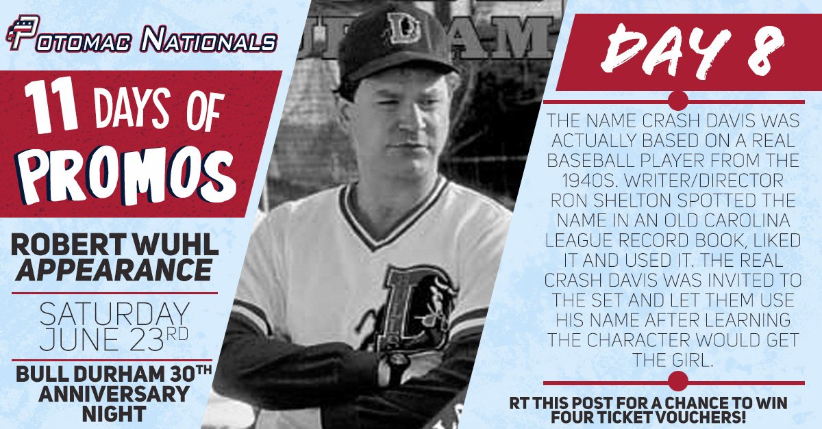 FXBGNats's tweet photo. Today's #11daysofpromos feature spotlights Bull Durham 30th Anniversary Night! Robert Wuhl, who played the Durham Bulls Pitching Coach Larry Hockett, will be at The Pfitz on Saturday, June 23rd, signing autographs and meeting with fans. RT for a chance to win tickets! https://t.co/PAdawB9jra