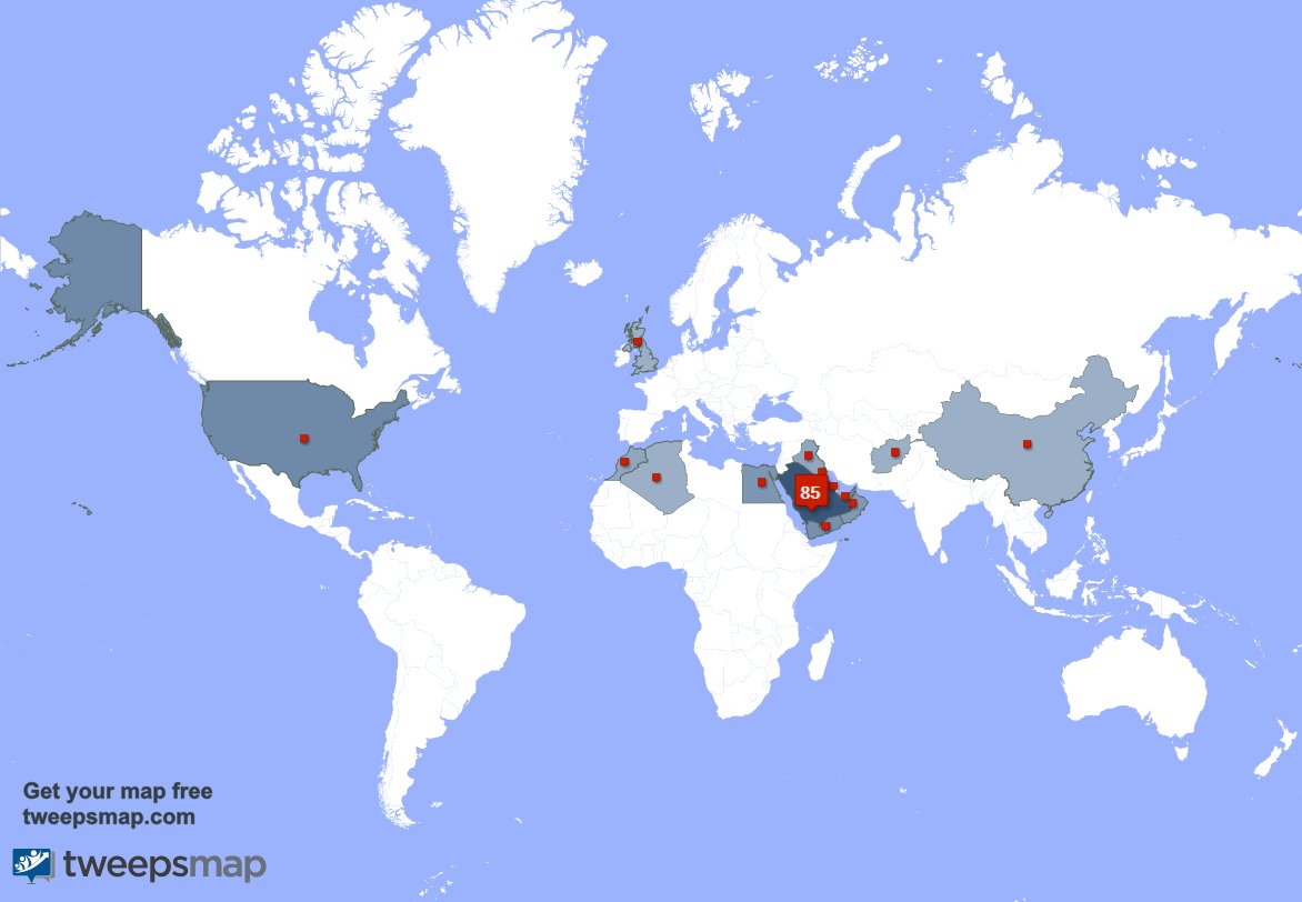 حسب tweepsmap.com/!12345Fish حوالي85% من متابعيني يعيشون في السعوديه والولايات المتحده(3%),الكويت(3%)