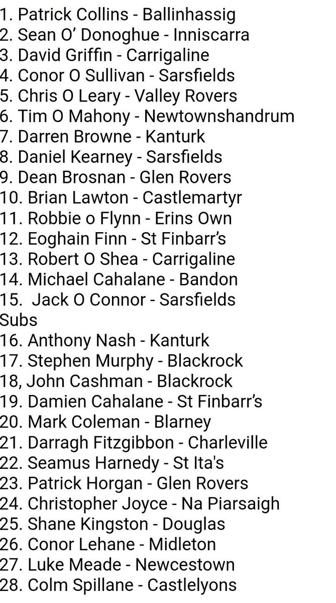 CorkGAACoaching's tweet image. The Cork Senior Hurling team to play Limerick on Sat 30th Dec in Mallow @ 5pm is as follows.