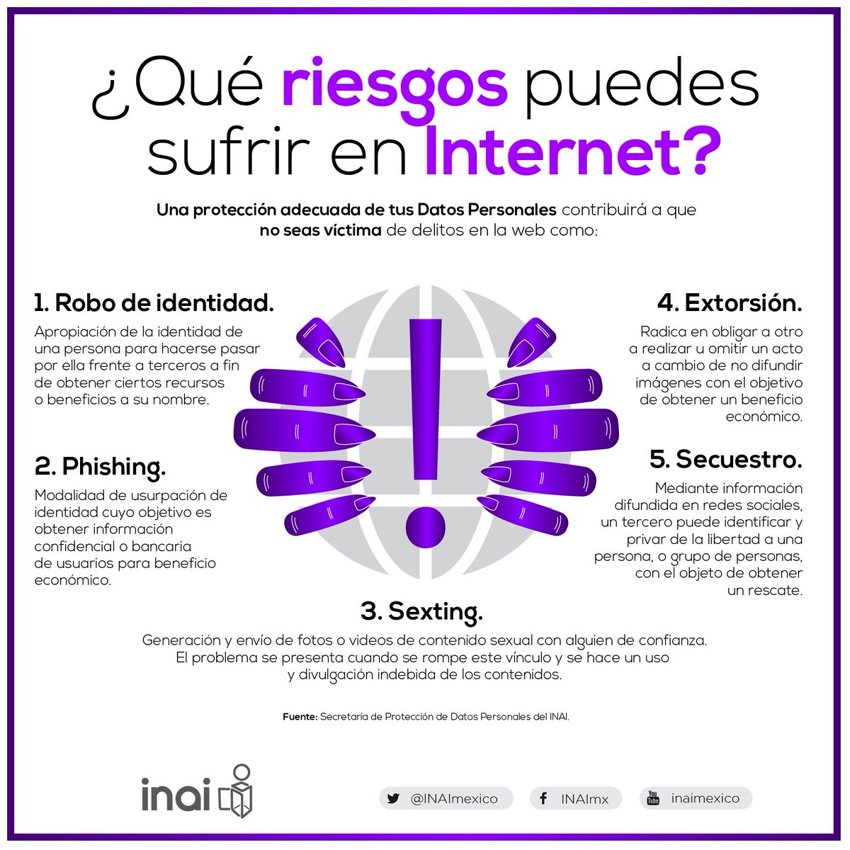 INAImexico's tweet photo. Del total de usuarios de #Internet, el 52% se conecta durante todo el día, por ello es importante saber estos y otros riesgos que puedes encontrar en la #Red
#InternetSeguro 
#InternetOfThings https://t.co/clHNQrwVrB