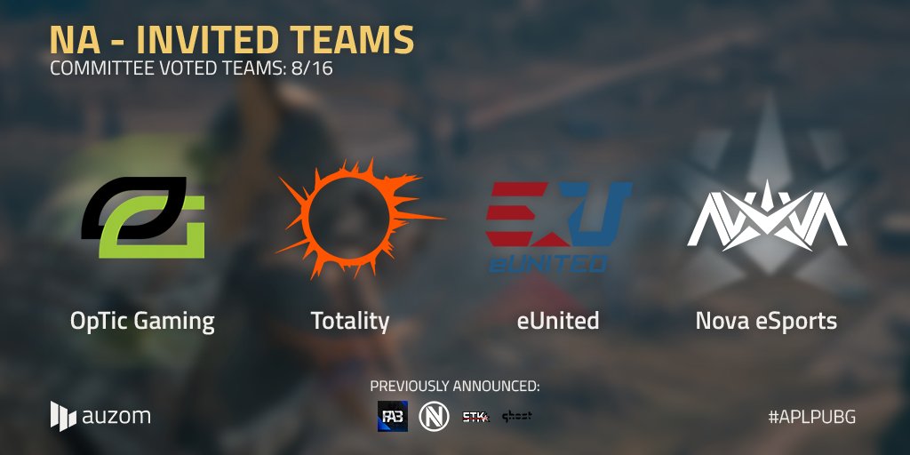 auzom_gg's tweet image. The next batch of #APLPUBG NA Committee invitees is made up of @OpTicGaming, @teamtotality, @eUnitedgg and @NovaeSportsTeam!
