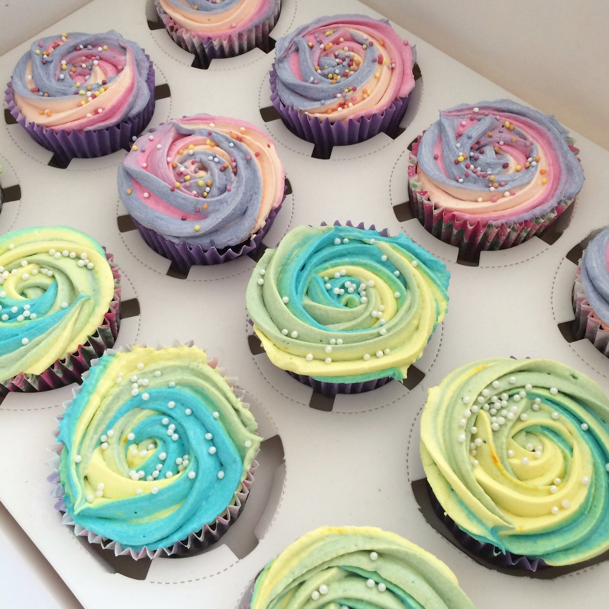 Rich chocolate vegan rainbow cupcakes for my daughter’s belated birthday celebrations yesterday. 
Chocolate cakes topped with vegan vanilla 'buttercream'.
#vegan #cake #Dorset