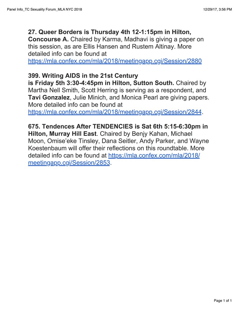 TaviRGonzalez's tweet photo. #MLA 2018 (in NYC) starts next week! #TCSexualityStudies panels for your consideration: (see image below). Featuring:
@MarthaNellSmith
@TravisMFoster
@JulieMinich
#MadhaviMenon
#KarmaLochrie
#WayneKostenbaum
#ScottHerring
#MonicaPearl
#MichaelMoon
#BenjyKahan
...and more!! https://t.co/ixlvShLa3u