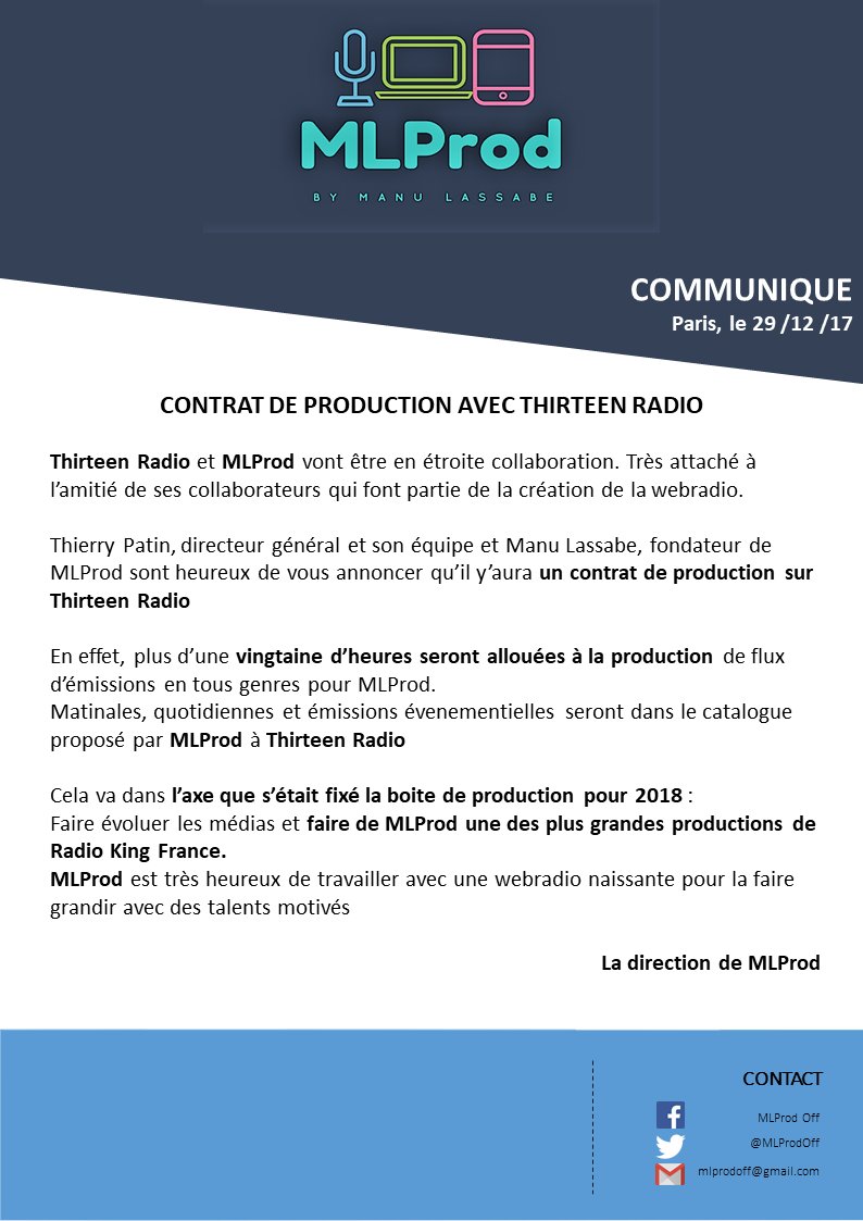 OffMLGroupe's tweet photo. Voilà, @thirteen_radio et @MLProdOff seront associés au moins jusqu'à juin 2018 pour un beau volume horaire de production !
Cela va dans l'axe que se fixe #MLProd pour 2018 : faire de cette production une des plus grandes de @RadioKingFR https://t.co/mnqiRrAAOf