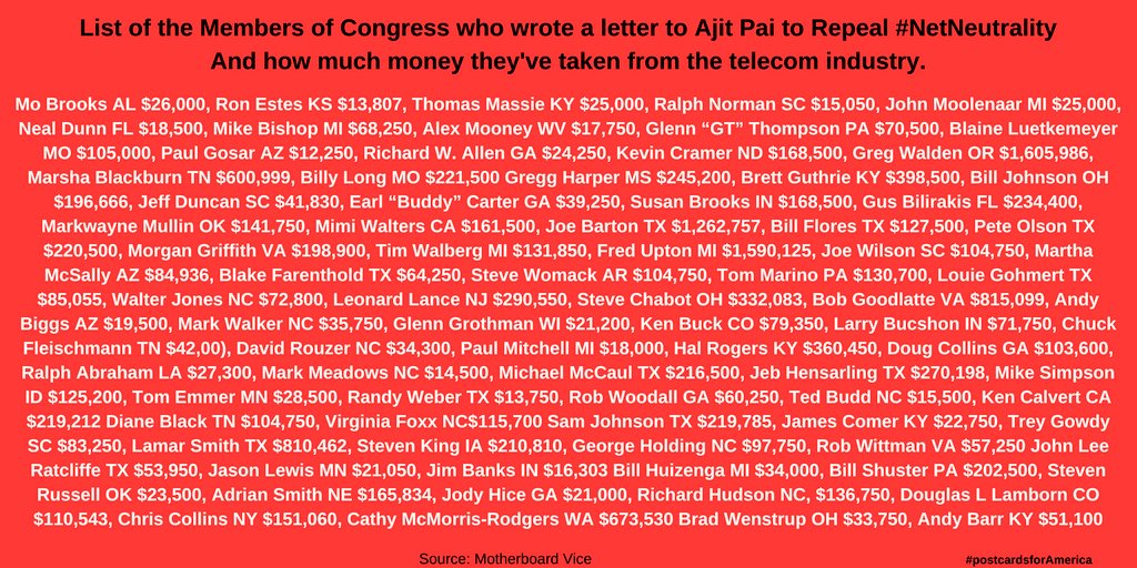 postcards4USA's tweet image. Still fighting to #SaveNetNeutrality 
Don't forget these MoCs who wrote the FCC asking for the Repeal of #NetNeturality.
And the money they got from the telecoms.

Source: @motherboard