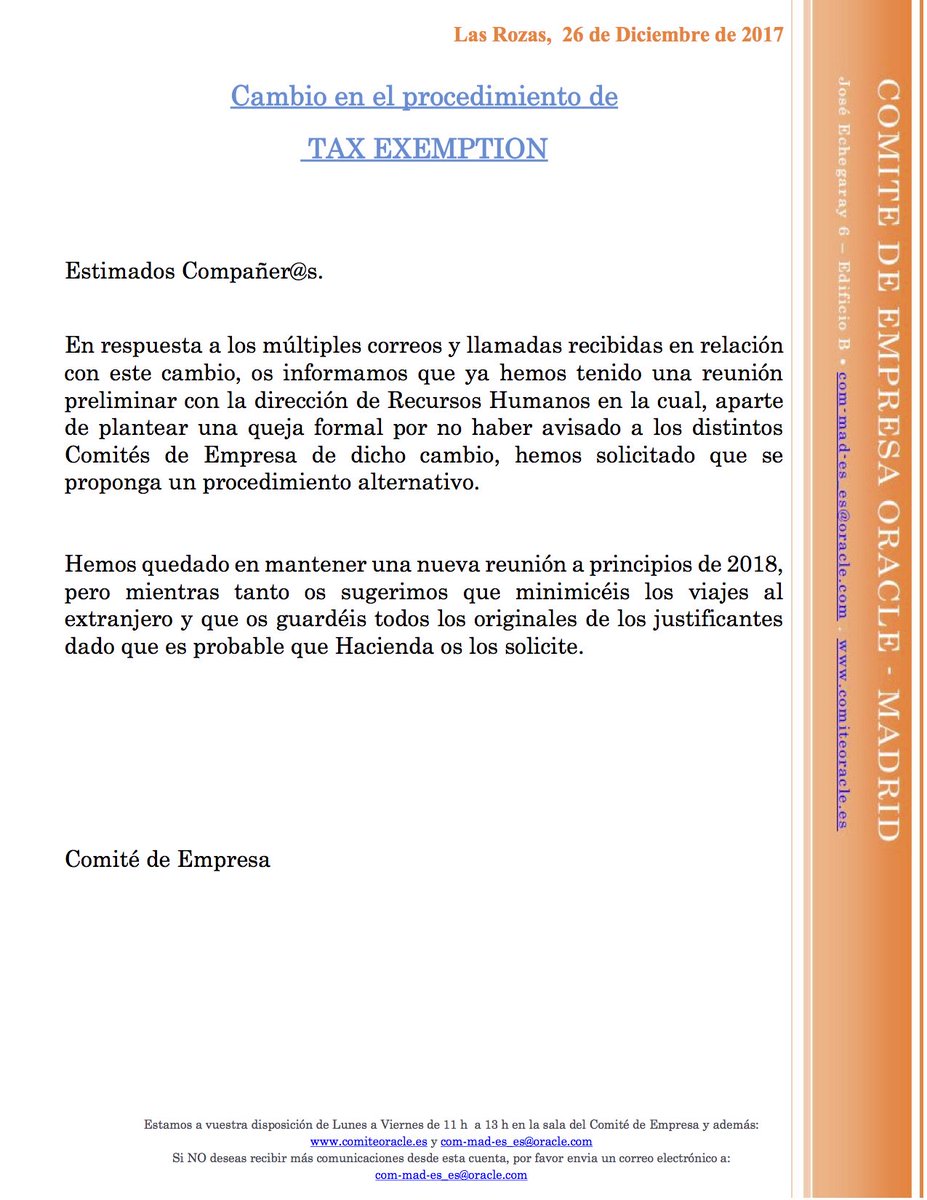 ComiteOracle's tweet image. Cambio en el procedimiento de TAX EXEMPTION YA!!!, esperamos un cambio en el nuevo procedimiento por parte de RRHH. @ComiteOracle