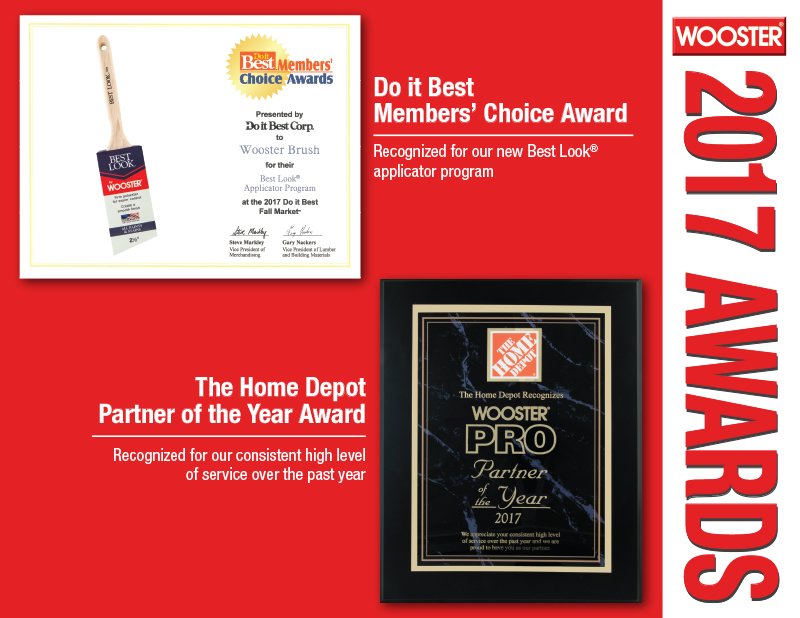 WoosterBrush's tweet photo. The Wooster Brush Company is proud to share the awards we were honored to receive during 2017. We look forward to continuing a strong partnership with both organizations in the years to come. #DoitBest #HomeDepot https://t.co/NllXOAnYIC