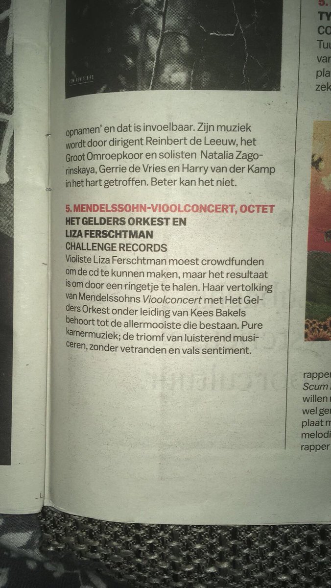In het lijstje van <a href="/ErikVoermans/">Erik Voermans</a> met de beste albums van het jaar vinden we de vertolking van <a href="/LizaFerschtman/">Liza Ferschtman</a> van het vioolconcert van Mendelssohn terug. Mogelijk gemaakt door haar enthousiaste publiek.