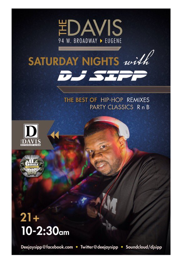 DeeJaySipp's tweet photo. This weekend catch me at The Davis! NYE WEEKEND HAS OFFICIALLY STARTED! #eugene #oregon #djsipp #UrbanGorilladjs #TheDavis's #NYE #2018 https://t.co/ZVclPMw9q3