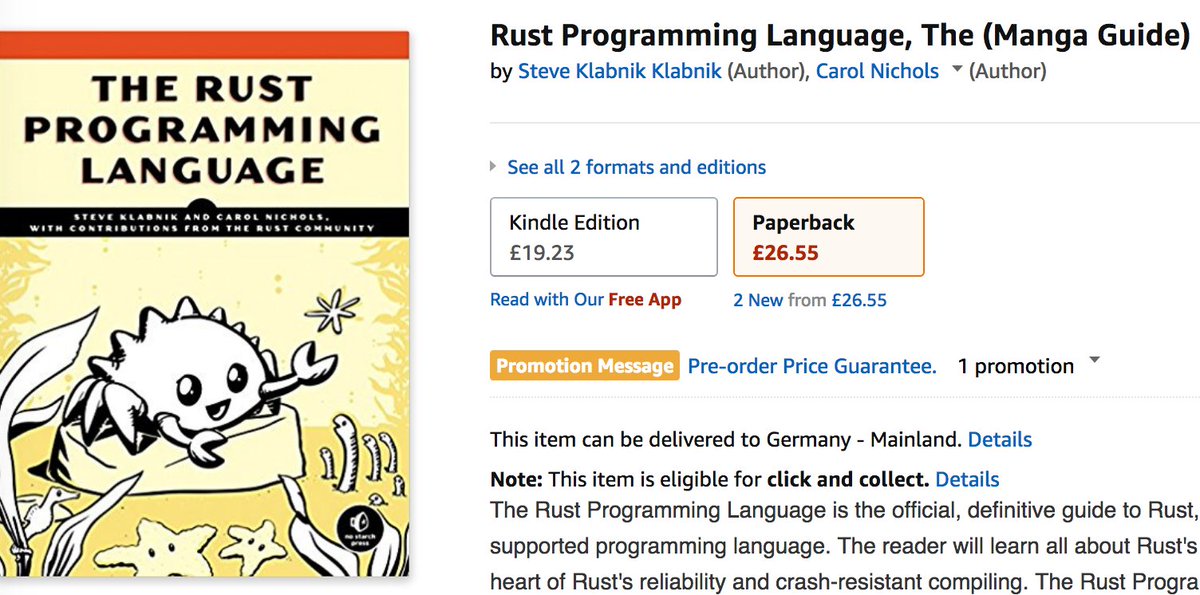 A picture of the store page, listing "Rust Programming Language, The (Manga Guide)"