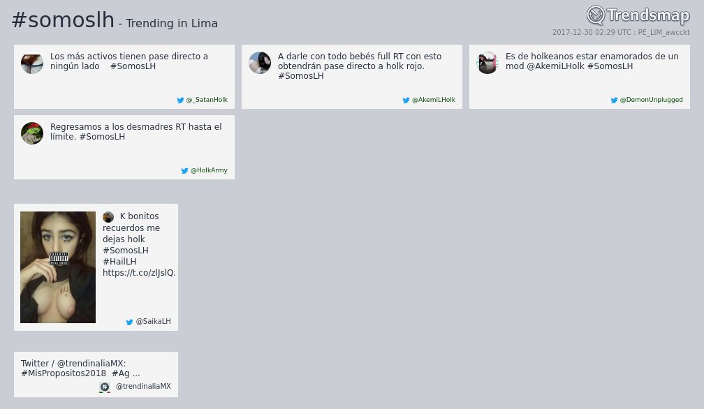 TrendsLima's tweet photo. #somoslh es ahora una tendencia en #Lima

https://t.co/SekrSOSeyD https://t.co/gDRptJOIU0