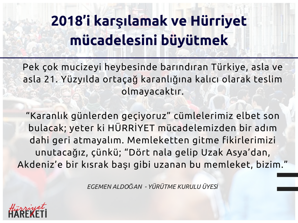 hurriyethareket's tweet photo. 2018’i karşılamak ve Hürriyet mücadelesini büyütmek - Hürriyet Hareketi Yürütme Kurulu Üyesi Egemen Aldoğan yazdı.
https://t.co/LERy97WohZ https://t.co/wYHczSuqM7