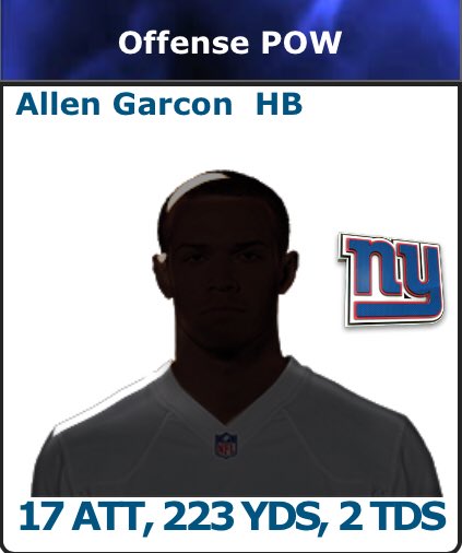 NSLNetwork's tweet photo. Offensive NSL player of week 1 Allen Garçon RB for the New York Giants #simnsl https://t.co/68itxVGTJR