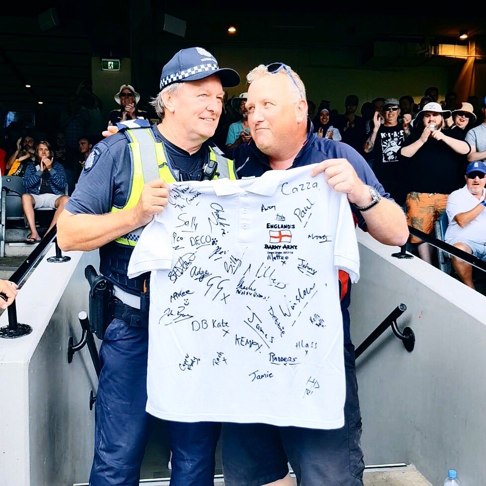 England’s Barmy Army were so bowled over by Sgt Tony Breen’s crowd engagement they’ve labelled him as Australia’s best copper. 👮🏻Sgt Tony knocked ‘em for six, becoming as famous as their vocal chords. 🏏☀️ #Ashes #BarmyArmy #Legend
