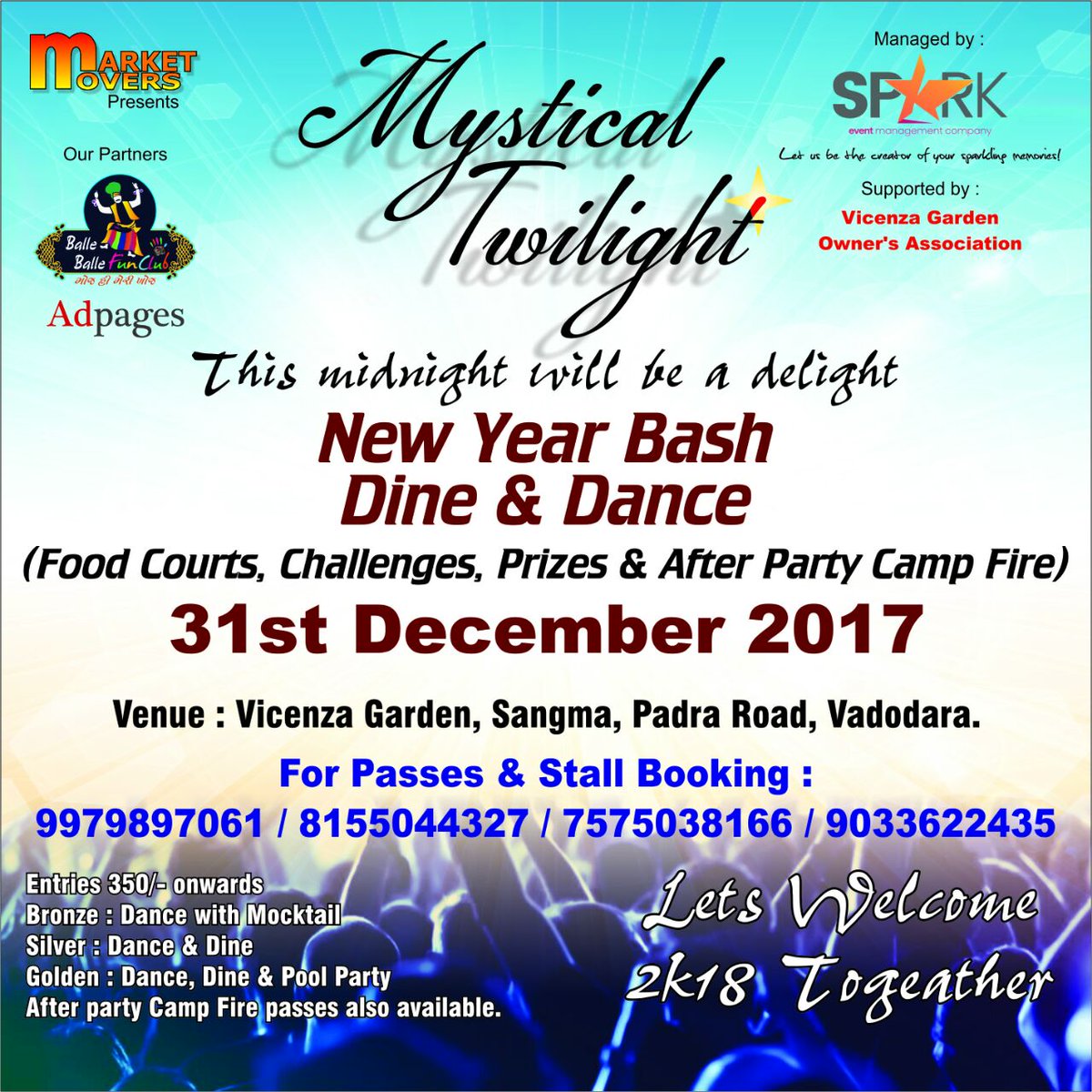 Adpagesindia's tweet photo. #31stDec17 #Celebrations
💎 Mystical Twilight 💎
New Year Bash Dine & Dance
🥉 Bronze 🥈 Silver 🥇 Gold
🌐 Partner By Adpages India (https://t.co/QX8LxORZcm)
Venue : Vicenza Garden, Padra Road, Sangma.
#newyear #31st #Dine #Dance #newyear2018
#edmbdm https://t.co/CxBSQDKsFx