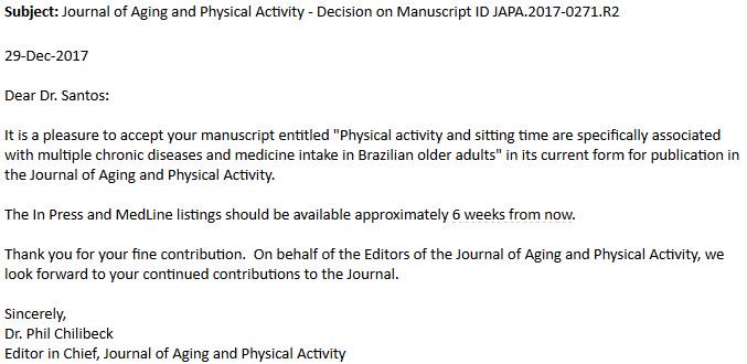 Another important collaboration with colleague Alex Silva Ribeiro accepted for publication. Here we show that sedentary time is associated with a 75-82% increase in chronic diseases. More evidence that exercise is truly the fountain of youth; prevention is better than  medicine!