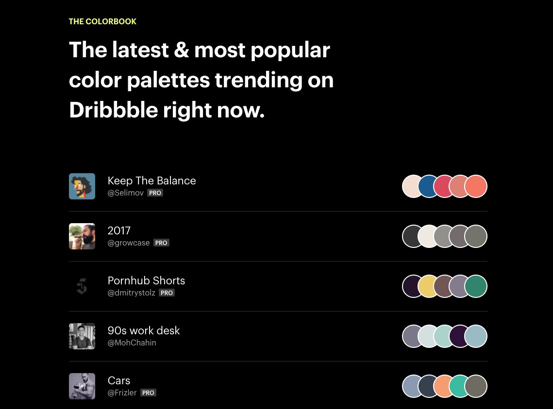 Dribbble 上最新最热门配色方案/调色板，不断更新中 #设计资源 // The Colorbook - The latest & most popular color palettes trending on Dribbble https://t.co/TlpsXD28uB https://t.co/eJwkOh6XjU 1