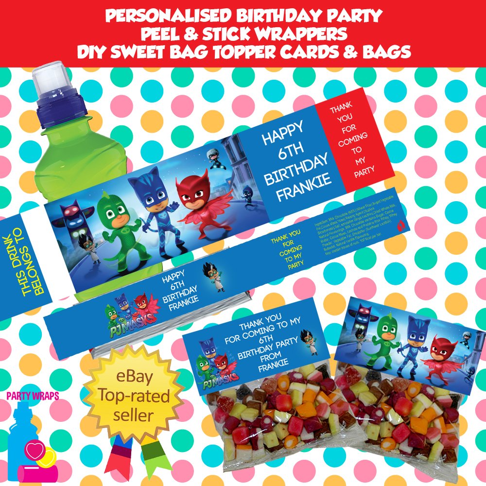 PJ Masks Party Bottle, Sweet Bag Toppers &amp; Kitkat Wrappers! 5* Professional Service - Freepost UK #pjmasks #birthdayparty #personalised