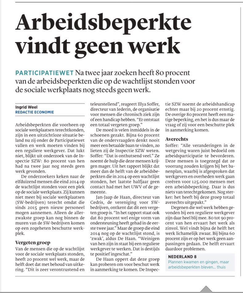 JimFaas's tweet photo. Ontluisterend geldverslindend knip- en plakwerk. Dat is het resultaat van de #Participatiewet geworden ☹️

#arbeidsbeperkten zonder baan, geld naar de verkeerde mensen, over elkaar heen buitelende steeds andere regels, die slechts een enkeling nog snapt... 👊👊👊

via @trouw https://t.co/YCktRTk7Zm