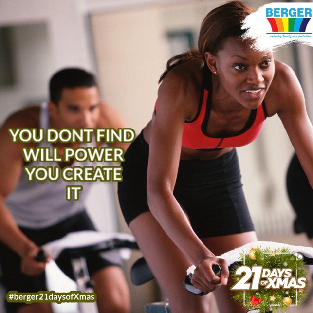 Bergerpaintsng's tweet photo. With the new year knocking at the door, and your fitness resolution in hand, remember the will to achieve them is not found, but rather created.
#Bergerpaintsnigeria.
#Berger21daysofxmas.
#Bergerhomemakeover.
#Coloursoflife.
#Fitnesstips.
#Fitnessgoals. https://t.co/kl7ho1BpRX