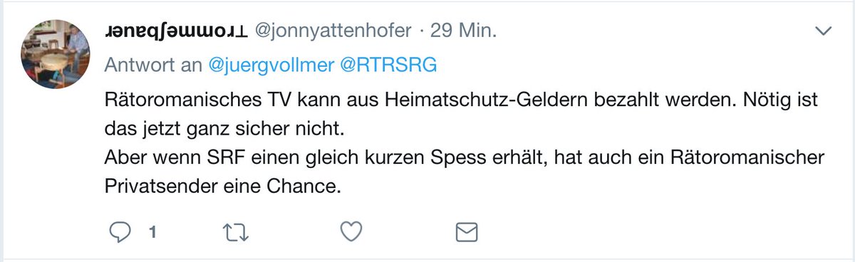 Jurg Vollmer Auf Twitter Die Ignoranz Und Arroganz Der Nobillag Anhanger Ist Erschreckend 60 000 Ratoromanisch Sprechende Schweizer Zum Schweigen Verdammen Und Glauben Dass Private Medien Wie Rtrsrg 25 Mio Chf Jahr In Ratoromanisches Radio Tv