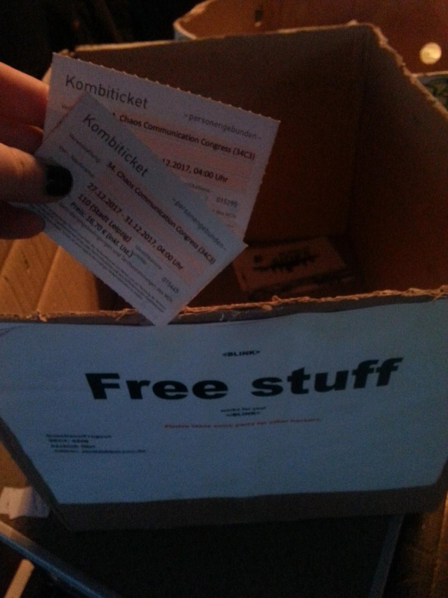 nbg_ticketfrei's tweet image. Do you need a train ticket?
Do you have tickets left you don't need?

There is a public transport ticket exchange near 1komona/metalab/CCC Svizzera, at the free stuff box!
34c3.c3nav.de/l/c:0:459.96:4…

#34c3