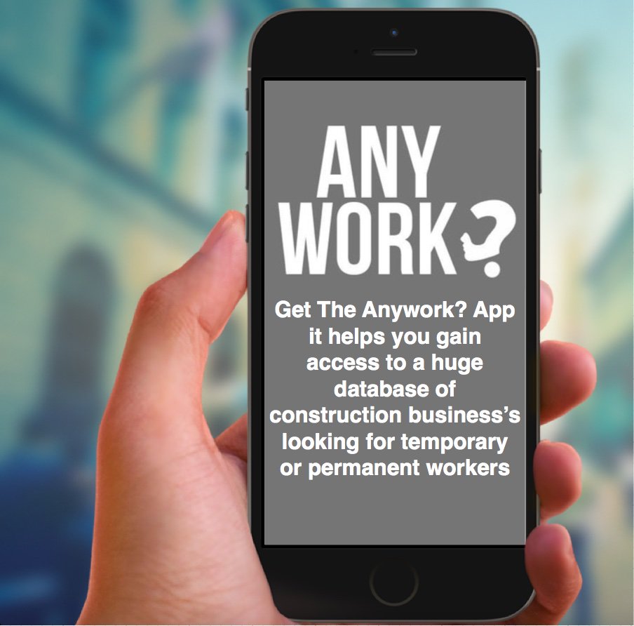 anywork_ltd's tweet photo. Get the #AnyWork #app for IOS devices by clicking the link below, it helps you gain access to a huge database of #construction business’s looking for #temporary or permanent #workers https://t.co/HLxujPnbzJ https://t.co/nhaOCrQXm3