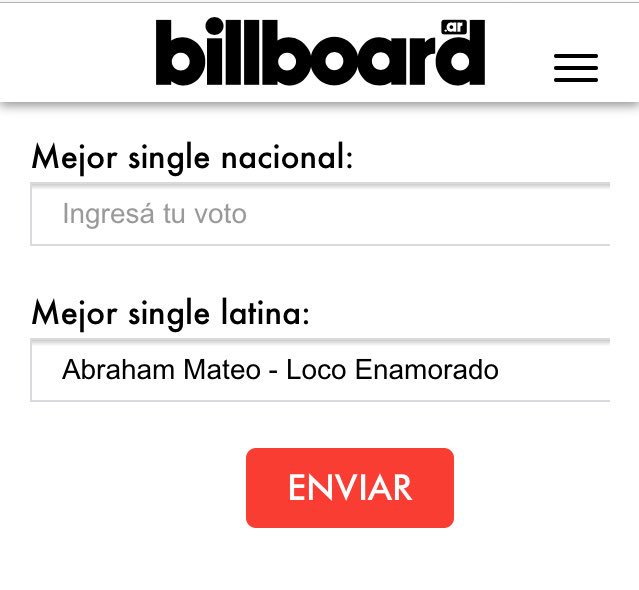 AbrahamMateoESP's tweet photo. 🔥IMPORTANTE🔥

Vota por @AbrahamMateo en los premios BILLBOARD.

Single Latino 👉🏼 Abraham Mateo - Loco Enamorado 👉🏼https://t.co/lUWsLNiSkr

Mejor solista Latino 👉🏼 Abraham Mateo 👉🏼 https://t.co/qe1oTBwDEh

Vota poniendo diferentes cuentas de email (inventadas incluso). https://t.co/FGCbo5G8Ke