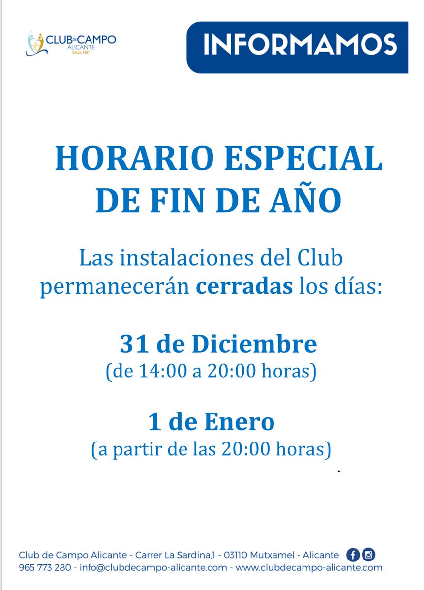 clubdecampoALC's tweet photo. Os informamos de nuestro horario especial para estos días. ¡Gracias a todos! https://t.co/5i0Dzyn4DC
