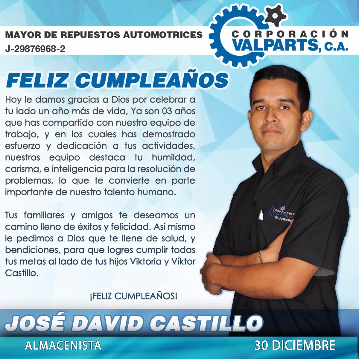 Valparts's tweet photo. 📌 Hoy es el cumpleaños de Jose David Castillo – Felicítalo
 
Síguenos en nuestras Redes Sociales
🐦https://t.co/74fkjTl6qg 
👍https://t.co/fQMmitJELb 
📷https://t.co/0rdmuase7Z 

#30Dic #Felizcumpleaños #TalentoHumano #Merida #Venezuela #Valparts #2017 https://t.co/SWUHpIO0J0