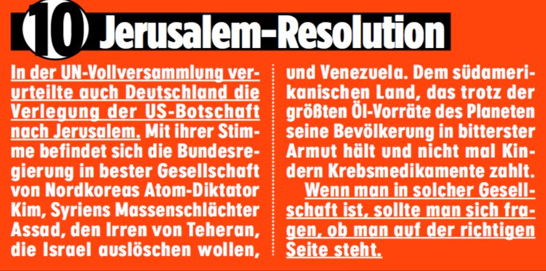 Das ist selbst für @Bild-Chef-Chef-Verhältnisse grob irreführend: D ist bei #Jerusalem-Resolution in Gesellschaft von Österreich, Belgien, DK, F, IRL, Japan, NL, UK, Norwegen, CH … 128 Länder. 

Auf der anderen Seite: USA, Israel, Guatemala, Honduras, Togo &amp; Kleinststaaten.