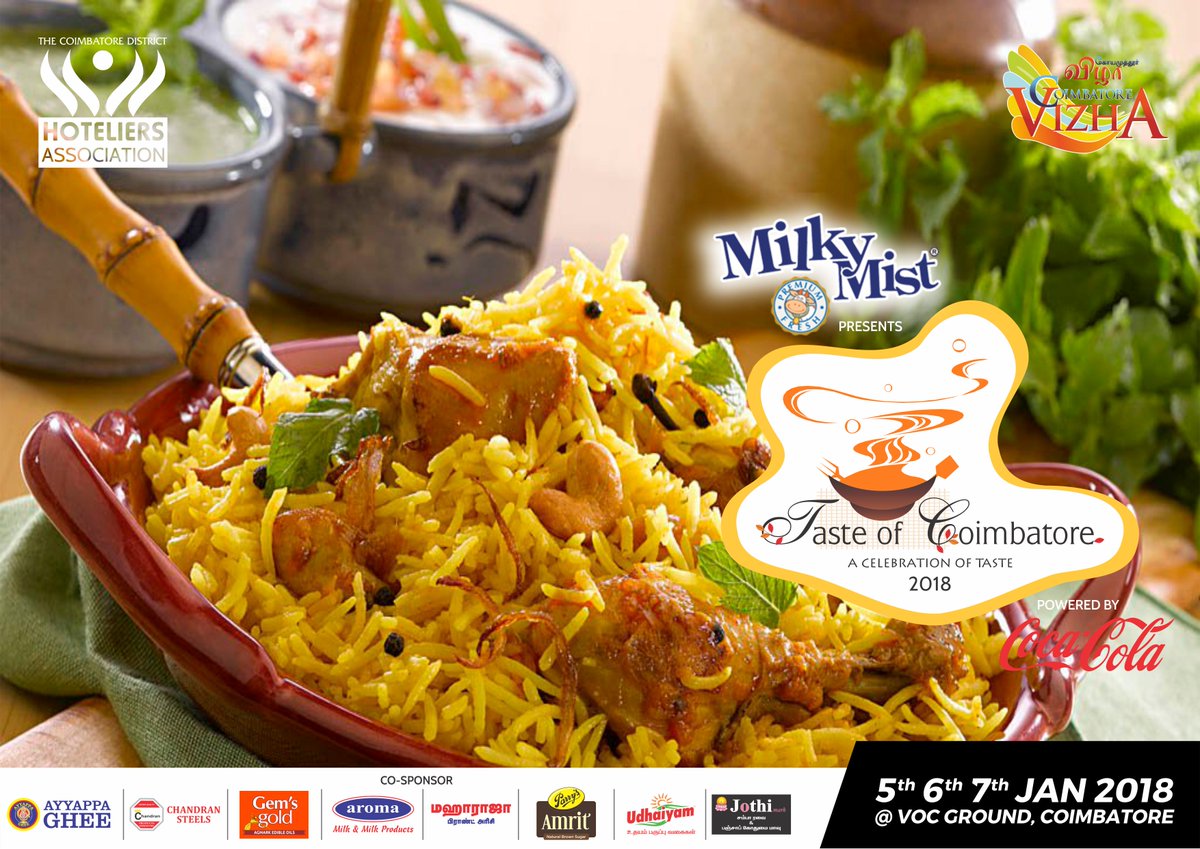 tasteofcbe's tweet photo. Food festivals are a great way to experience a multitude of food types in one day. Open your mind – and your mouth – and let your stomach guide you. #TasteofCoimbatore returns on 2018 January 5th,6th &amp; 7th  at VOC Park. 
 For more details call at 9994782525 https://t.co/Ljgn30ynTM
