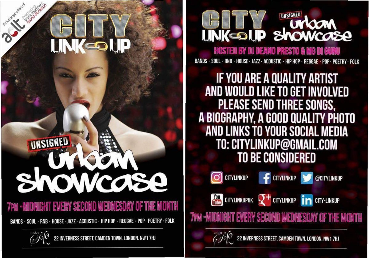 #CITYLINKUP UNSIGNED - CAMDEN

Looking for artists for our first Multi-genre showcase of 2018 on Wed 10th Jan taking place at Undersolo In #CamdenTown.  

We have a few places left, please send 3 songs, a bio, a good quality photo to citylinkup@gmail.com to be considered.